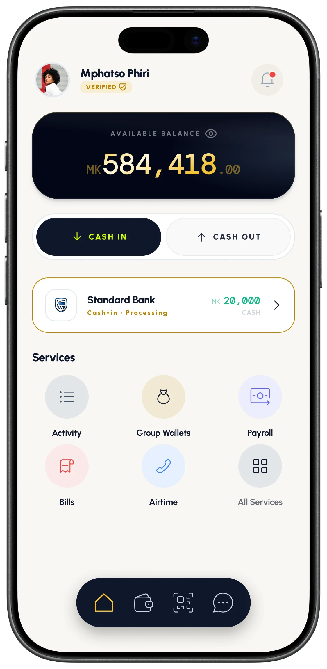 The Payscan app home screen on iPhone
